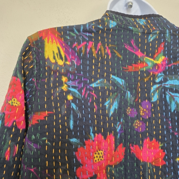 Bohemian Floral Birds Cotton Black Long Jacket Size Small - Picture 11 of 14